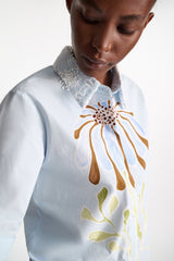 Dorothee Schumacher Printed Cotton Poplin Blouse in Light Blue Vancouver. Shop Online or in Store.