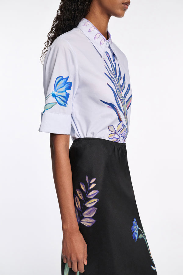 Dorothee Schumacher Printed Cotton Poplin Half Sleeve Blouse in Light Blue Vancouver. Shop Online or in Store.
