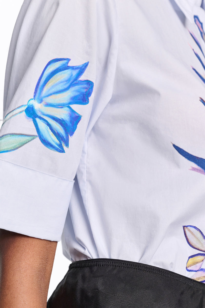 Dorothee Schumacher Printed Cotton Poplin Half Sleeve Blouse in Light Blue Vancouver. Shop Online or in Store.