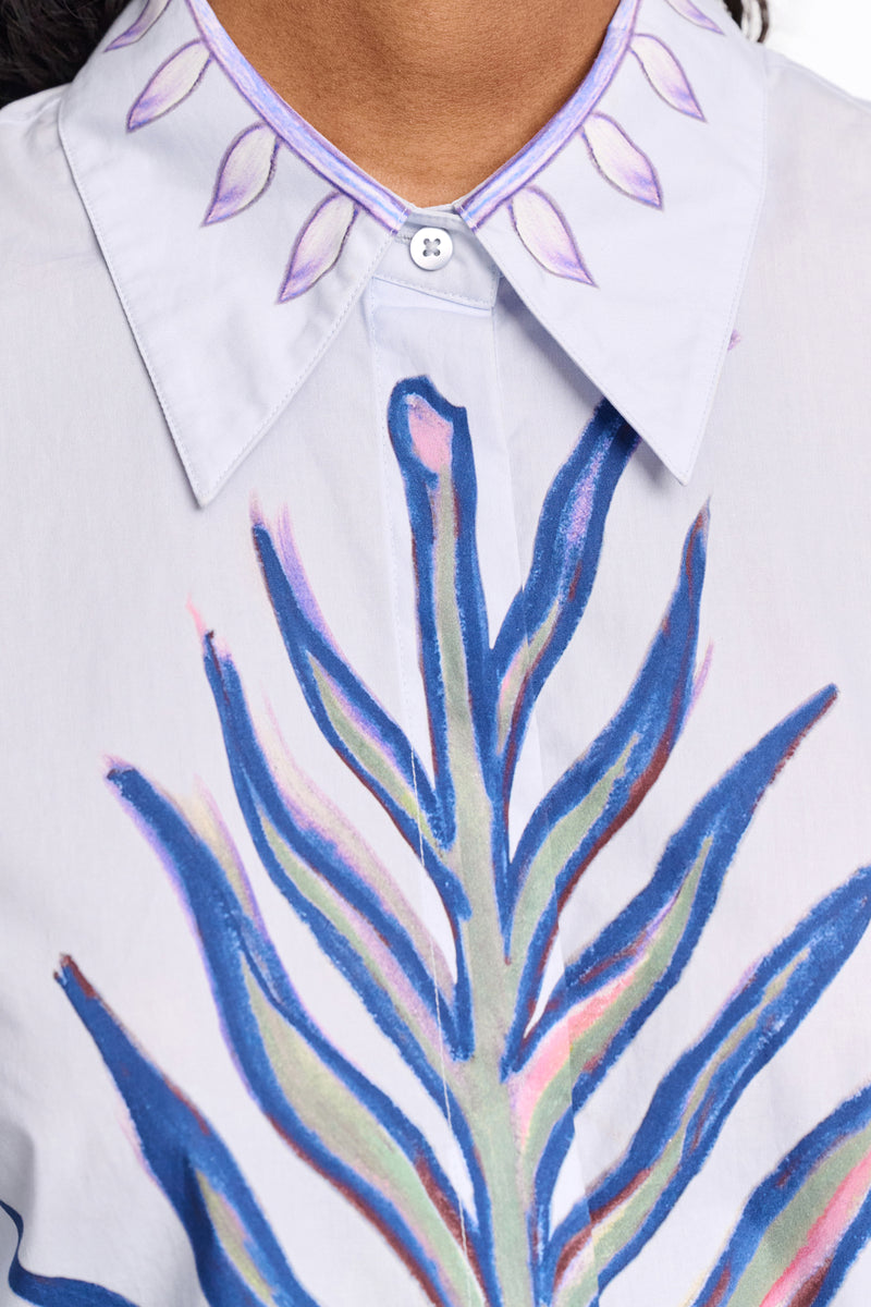 Dorothee Schumacher Printed Cotton Poplin Half Sleeve Blouse in Light Blue Vancouver. Shop Online or in Store.