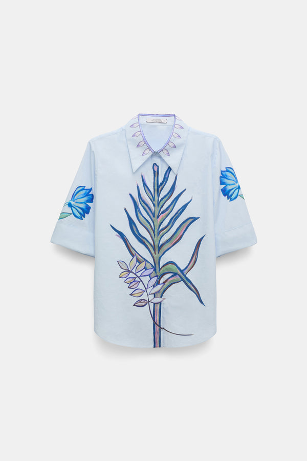 Dorothee Schumacher Printed Cotton Poplin Half Sleeve Blouse in Light Blue Vancouver. Shop Online or in Store.