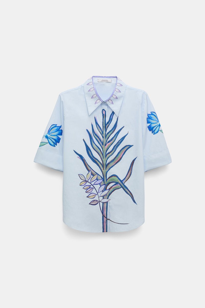 Dorothee Schumacher Printed Cotton Poplin Half Sleeve Blouse in Light Blue Vancouver. Shop Online or in Store.