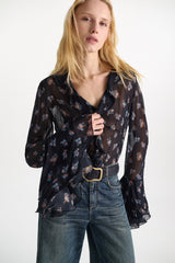 Dorothee Schumacher Printed Georgette Blouse with Ruffle Cuffs in Navy Vancouver. Shop Online or in Store.