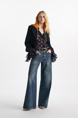 Dorothee Schumacher Printed Georgette Blouse with Ruffle Cuffs in Navy Vancouver. Shop Online or in Store.