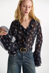 Dorothee Schumacher Printed Georgette Blouse with Ruffle Cuffs in Navy Vancouver. Shop Online or in Store.