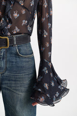 Dorothee Schumacher Printed Georgette Blouse with Ruffle Cuffs in Navy Vancouver. Shop Online or in Store.