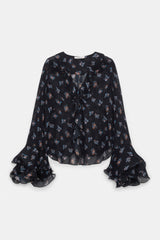 Dorothee Schumacher Printed Georgette Blouse with Ruffle Cuffs in Navy Vancouver. Shop Online or in Store.