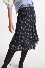 Dorothee Schumacher Printed Georgette Midi-Skirt with Ruffles in Navy Vancouver. Shop Online or in Store.