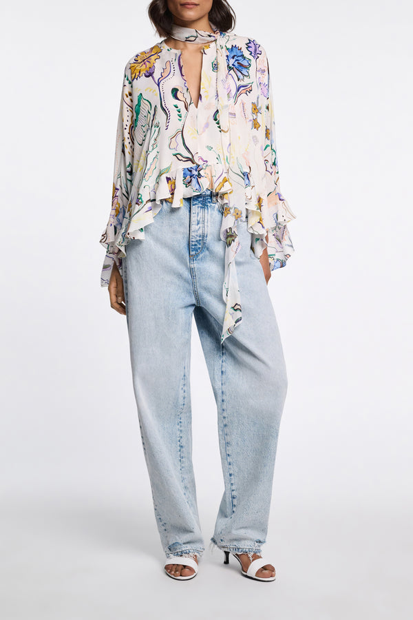 Dorothee Schumacher Printed Silk Georgette Cape-Blouse in White Vancouver. Shop Online or in Store.