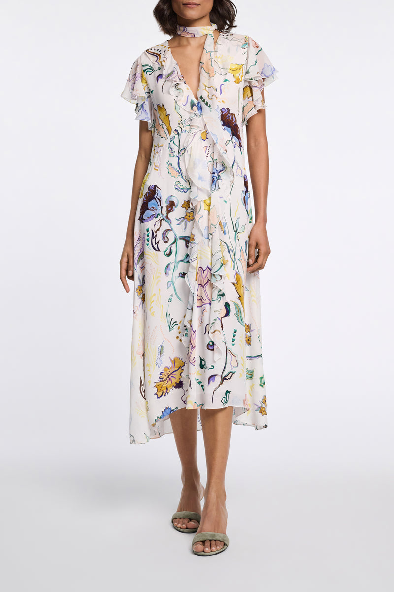 Dorothee Schumacher Printed Silk Georgette and Poplin Midi Dress in White Vancouver. Shop Online or in Store.