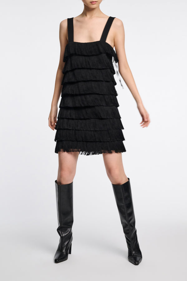 Dorothee Schumacher Punto Milano Dress with Allover Fringe in Black Vancouver. Shop Online or in Store.