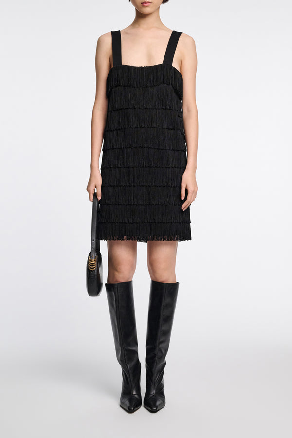 Dorothee Schumacher Punto Milano Dress with Allover Fringe in Black Vancouver. Shop Online or in Store.