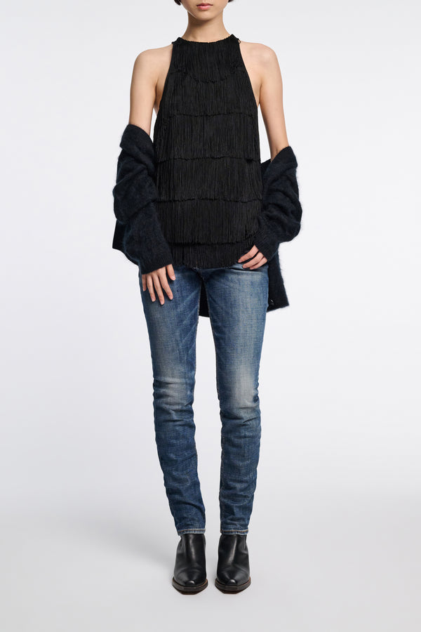 Dorothee Schumacher Punto Milano Tank Top with Allover Fringe in Black Vancouver. Shop Online or in Store.