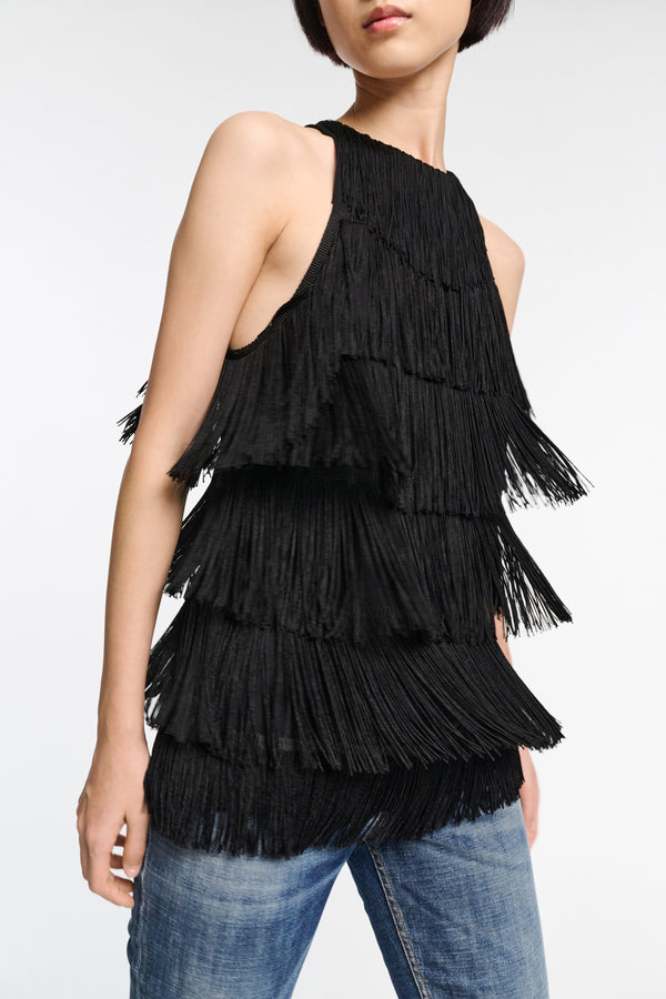Dorothee Schumacher Punto Milano Tank Top with Allover Fringe in Black Vancouver. Shop Online or in Store.