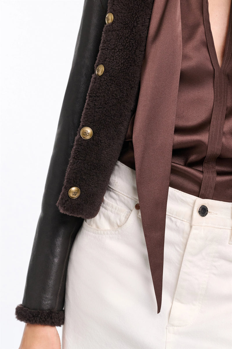 Dorothee Schumacher Reversible Shearling Jacket in Black Chocolate Vancouver. Shop Online or in Store.