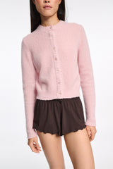 Dorothee Schumacher Round Neck Cashmere Knit Cardigan in Candy Rose Vancouver. Shop Online or in Store.