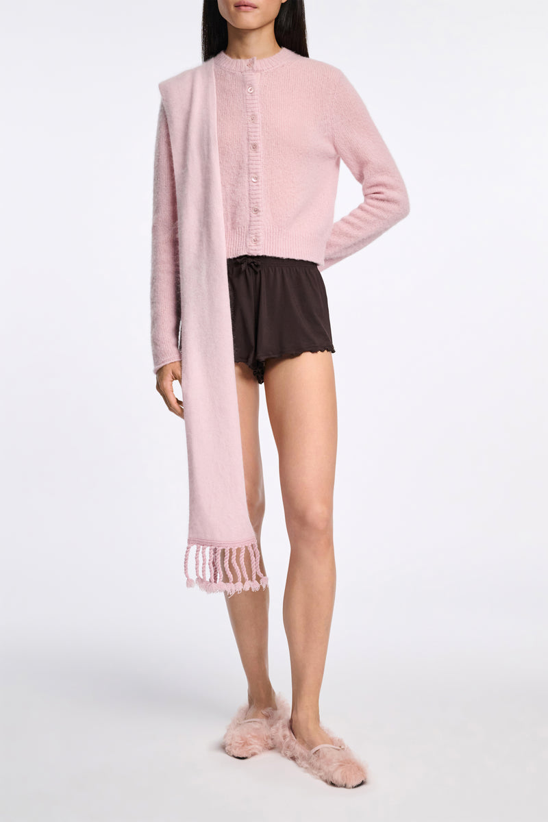 Dorothee Schumacher Round Neck Cashmere Knit Cardigan in Candy Rose Vancouver. Shop Online or in Store.