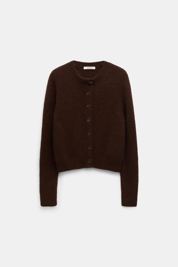Dorothee Schumacher Round Neck Knit Cashmere Cardigan in Chocolate Brown Vancouver. Shop Online or in Store.