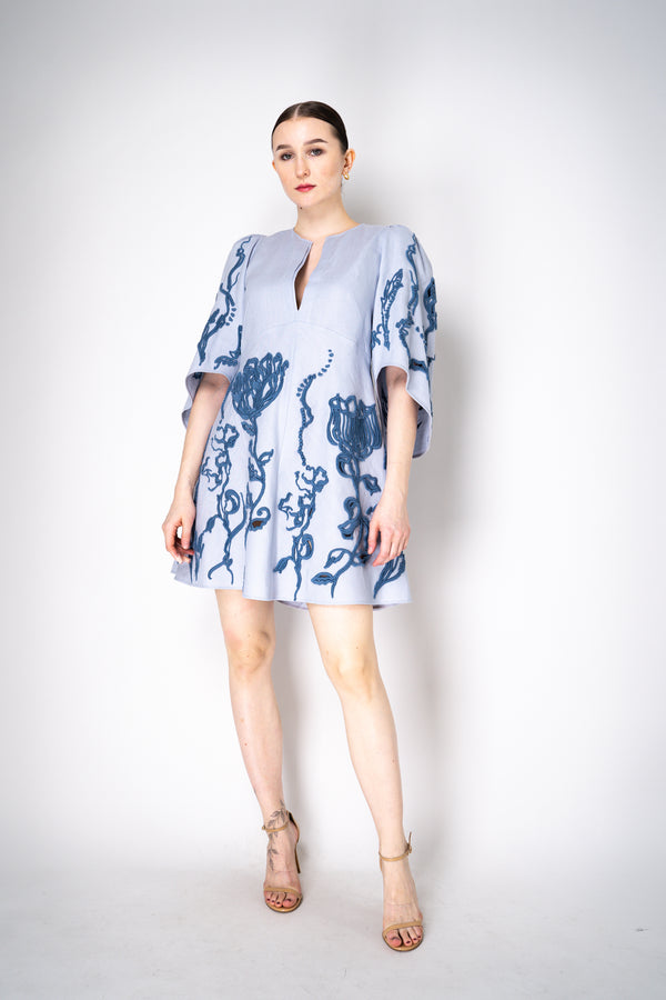 Dorothee Schumacher Short Sleeve Linen Mini Dress with Decorative Embroidery in Blue Vancouver. Shop Online or in Store.