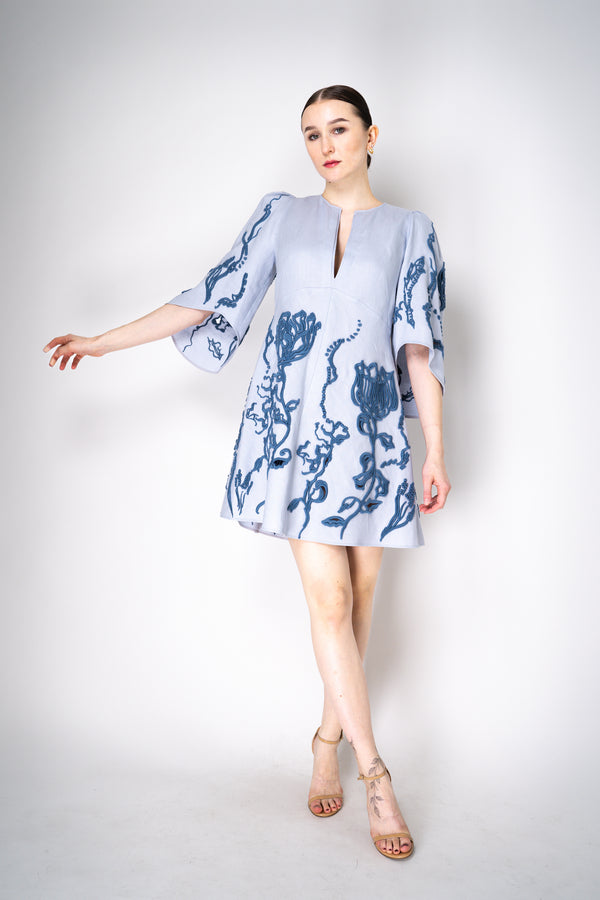 Dorothee Schumacher Short Sleeve Linen Mini Dress with Decorative Embroidery in Blue Vancouver. Shop Online or in Store.