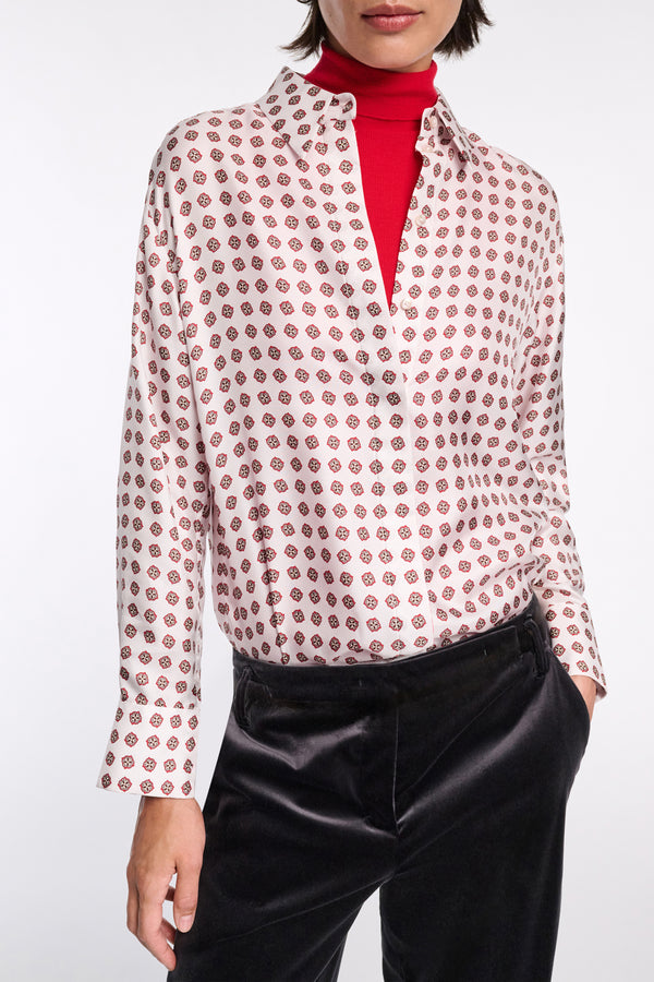 Dorothee Schumacher Silk Button-Up Blouse in Ornamental Motif in White and Red Vancouver. Shop Online or in Store.