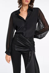 Dorothee Schumacher Silk Crepe Blouse with Velvet Trims in Black Vancouver. Shop Online or in Store.