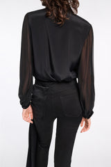 Dorothee Schumacher Silk Crepe Blouse with Velvet Trims in Black Vancouver. Shop Online or in Store.