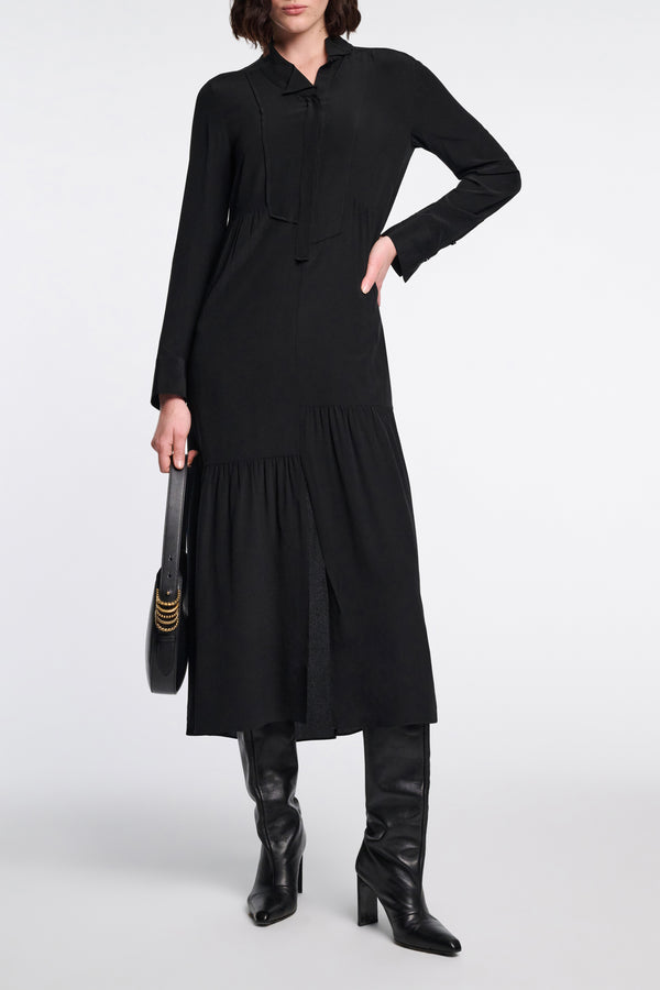 Dorothee Schumacher Silk Dress with Asymmetrical Plastron and Collar in Black Vancouver. Shop Online or in Store.