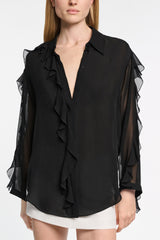 Dorothee Schumacher Silk Georgette Ruffled Button-Up Blouse in Black Vancouver. Shop Online or in Store.