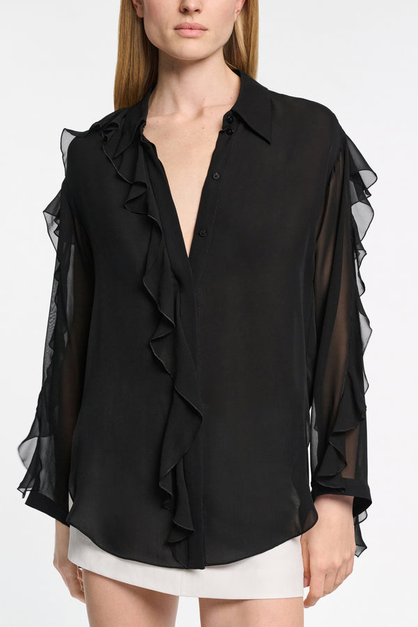 Dorothee Schumacher Silk Georgette Ruffled Button-Up Blouse in Black Vancouver. Shop Online or in Store.