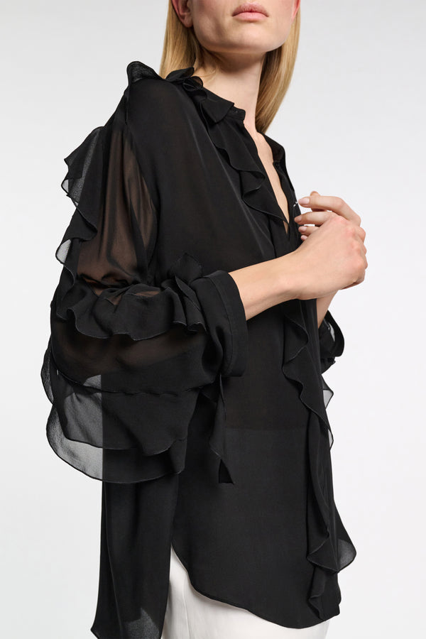 Dorothee Schumacher Silk Georgette Ruffled Button-Up Blouse in Black Vancouver. Shop Online or in Store.