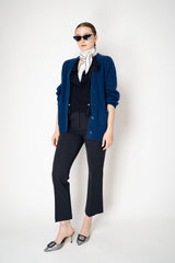 Dorothee Schumacher Silk "Love" Scarf with Navy Blue Trim in White Vancouver. Shop Online or in Store