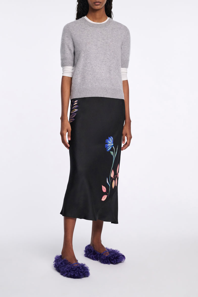 Dorothee Schumacher Silk Midi Skirt with Placement Print in Black Vancouver. Shop Online or in Store.