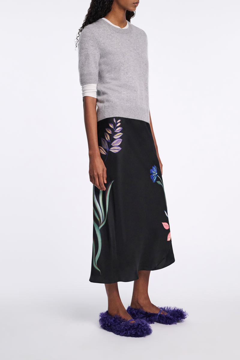 Dorothee Schumacher Silk Midi Skirt with Placement Print in Black Vancouver. Shop Online or in Store.