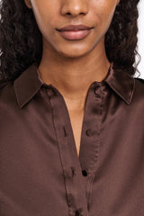 Dorothee Schumacher Silk Satin Popover Blouse in Chocolate Brown Vancouver. Shop Online or in Store.