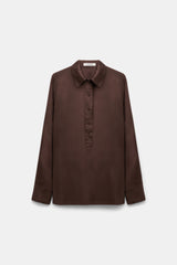 Dorothee Schumacher Silk Satin Popover Blouse in Chocolate Brown Vancouver. Shop Online or in Store.