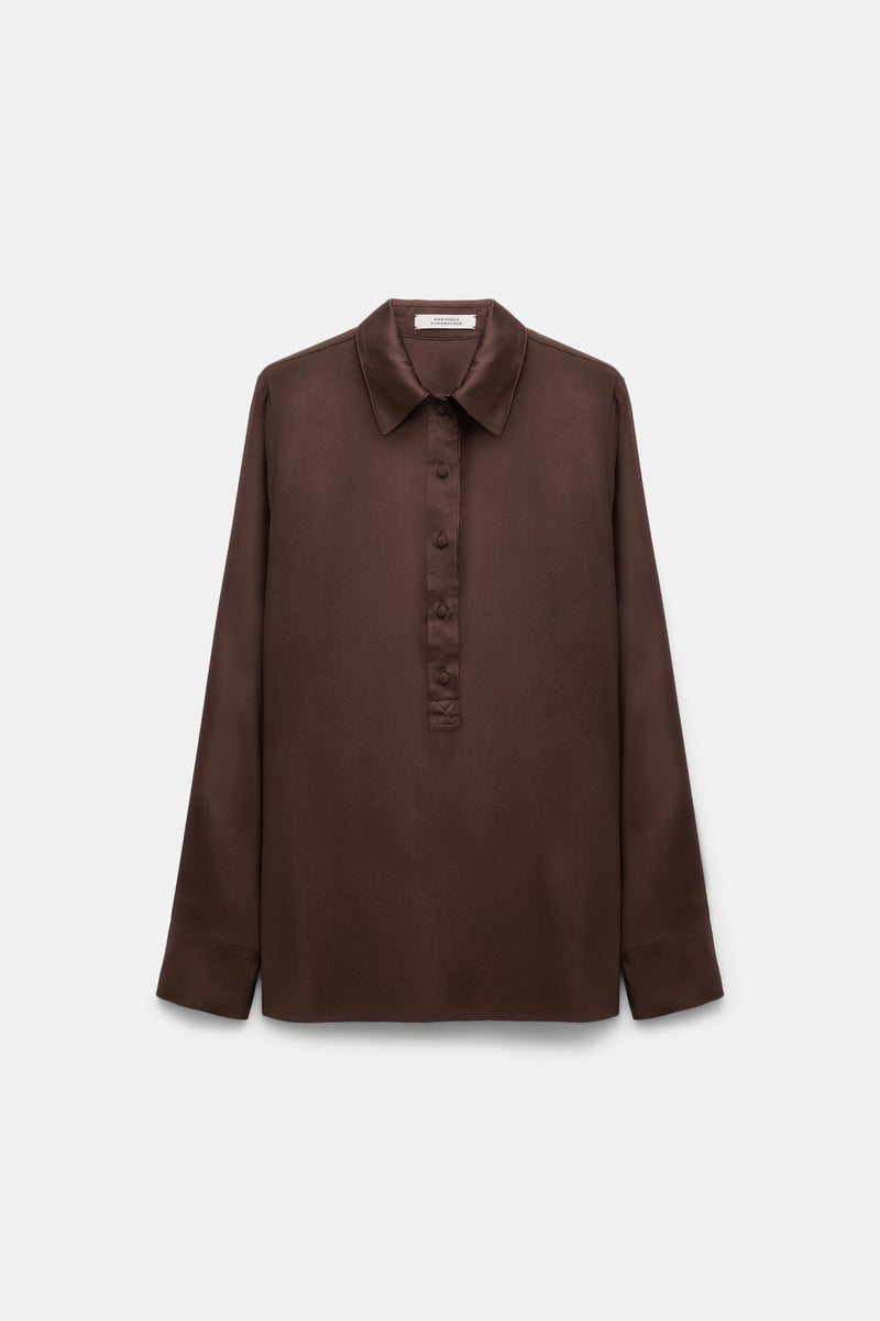 Dorothee Schumacher Silk Satin Popover Blouse in Chocolate Brown Vancouver. Shop Online or in Store.