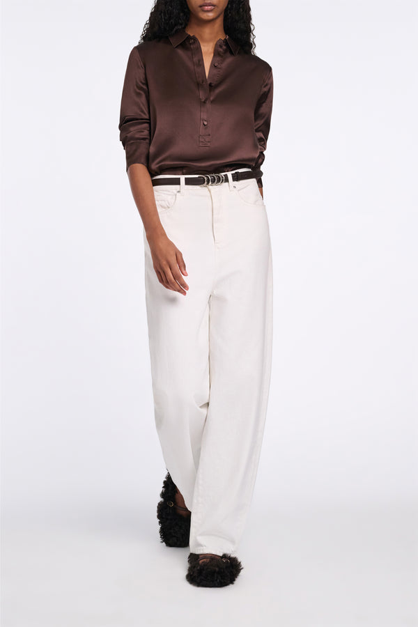 Dorothee Schumacher Silk Satin Popover Blouse in Chocolate Brown Vancouver. Shop Online or in Store.