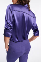 Dorothee Schumacher Silk Satin Popover Blouse in Iris Vancouver. Shop Online or in Store.