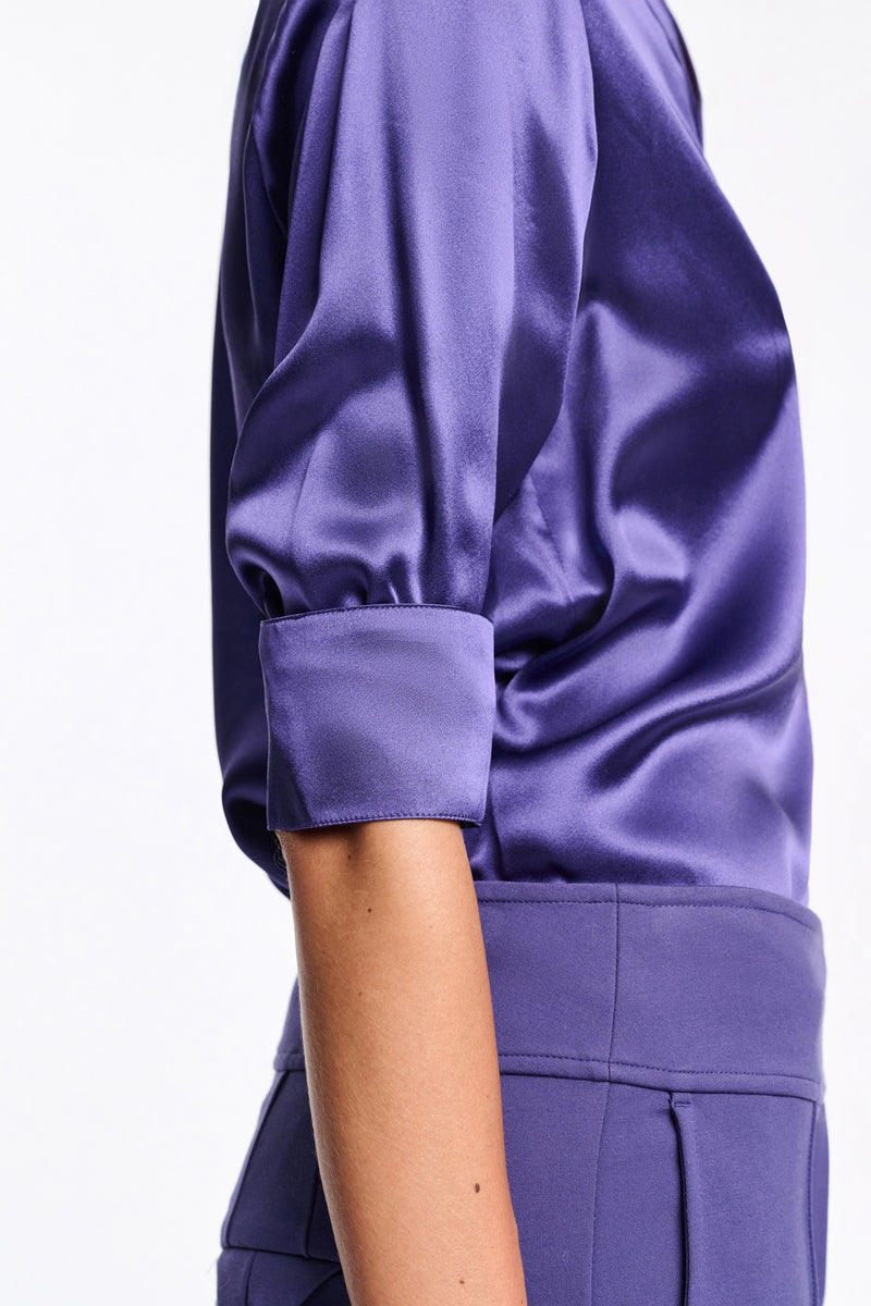 Dorothee Schumacher Silk Satin Popover Blouse in Iris Vancouver. Shop Online or in Store.