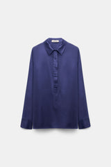 Dorothee Schumacher Silk Satin Popover Blouse in Iris Vancouver. Shop Online or in Store.