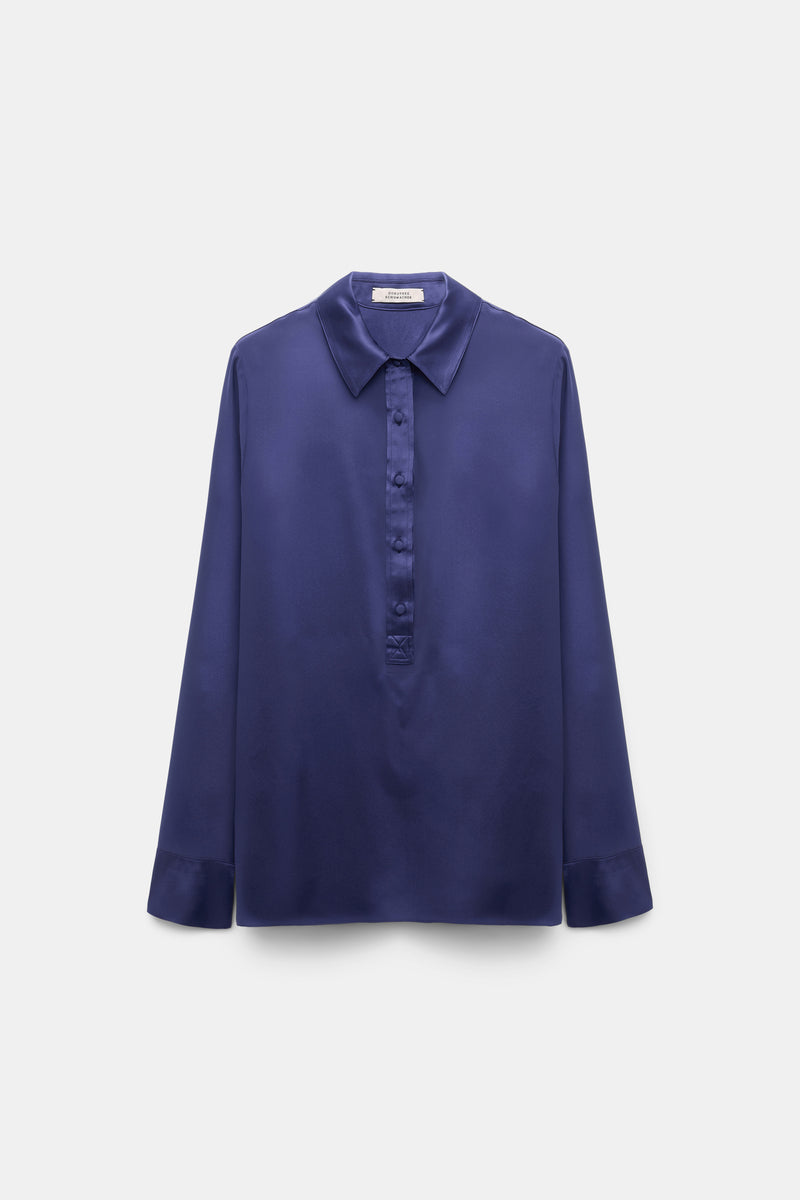 Dorothee Schumacher Silk Satin Popover Blouse in Iris Vancouver. Shop Online or in Store.
