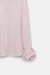Dorothee Schumacher Silk Voile Striped Button-Up Blouse with Puff Cuffs in Pink Vancouver. Shop Online or in Store.