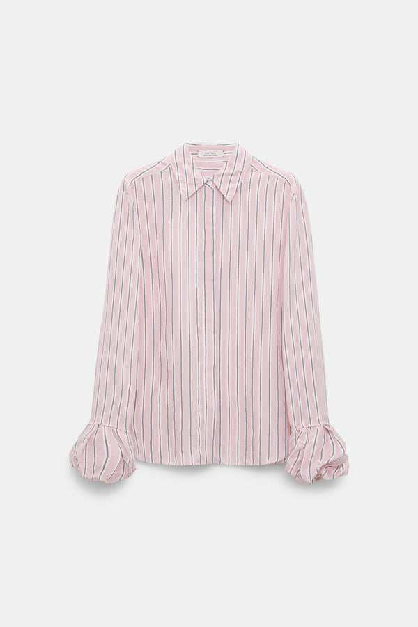 Dorothee Schumacher Silk Voile Striped Button-Up Blouse with Puff Cuffs in Pink Vancouver. Shop Online or in Store.