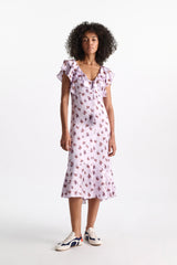 Dorothee Schumacher Sleeveless Midi Dress in Printed Silk Satin in Lilac Vancouver. Shop Online or in Store.