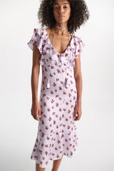 Dorothee Schumacher Sleeveless Midi Dress in Printed Silk Satin in Lilac Vancouver. Shop Online or in Store.