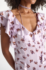 Dorothee Schumacher Sleeveless Midi Dress in Printed Silk Satin in Lilac Vancouver. Shop Online or in Store.