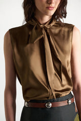 Dorothee Schumacher Sleeveless Satin Blouse with Tie Collar in Porcini Vancouver. Shop Online or in Store