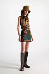 Dorothee Schumacher Sleeveless Satin Blouse with Tie Collar in Porcini Vancouver. Shop Online or in Store