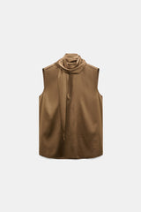 Dorothee Schumacher Sleeveless Satin Blouse with Tie Collar in Porcini Vancouver. Shop Online or in Store